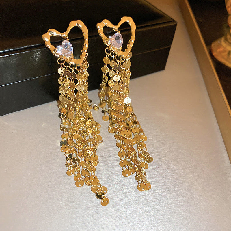 U-shaped Cluster Sequins Long Fringe Heavy Metal Earrings