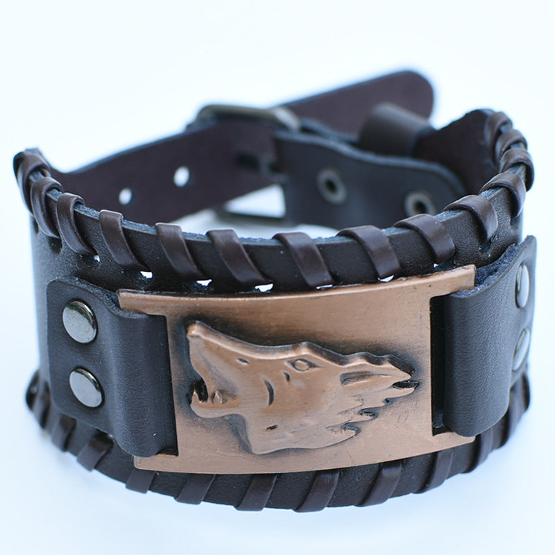 Men's Retro Viking Totem Leather Wolf Head Bear Claw Gossip Lucky Bracelet