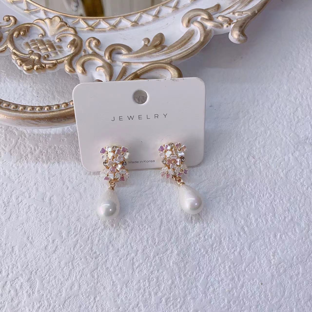 Sier Needle Imitation Shell Flower Design Creative Water Drop Rings