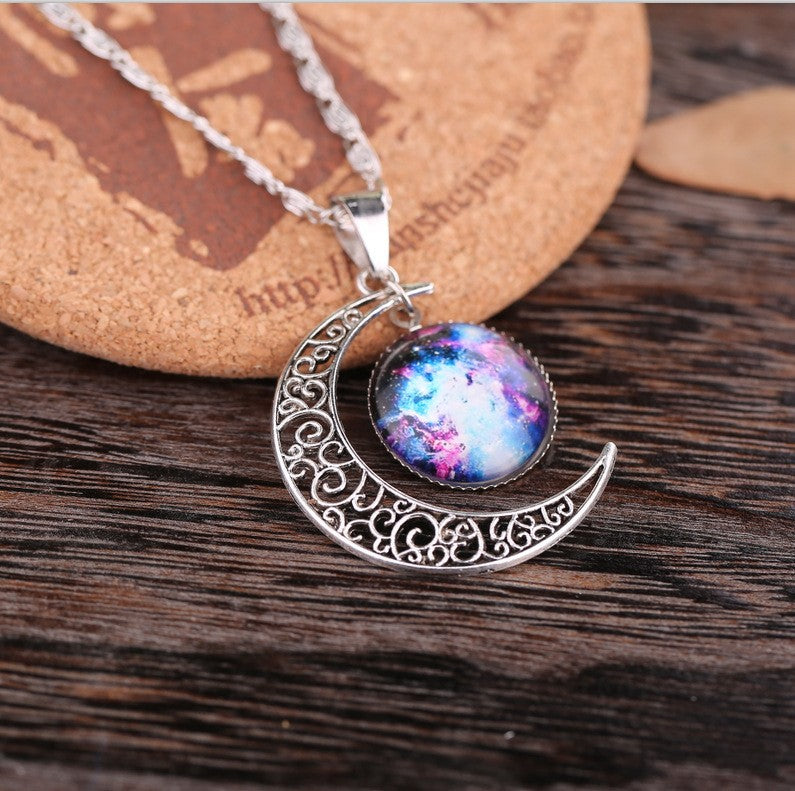 Starry Sky Moon Time Gem Cabochon Necklace