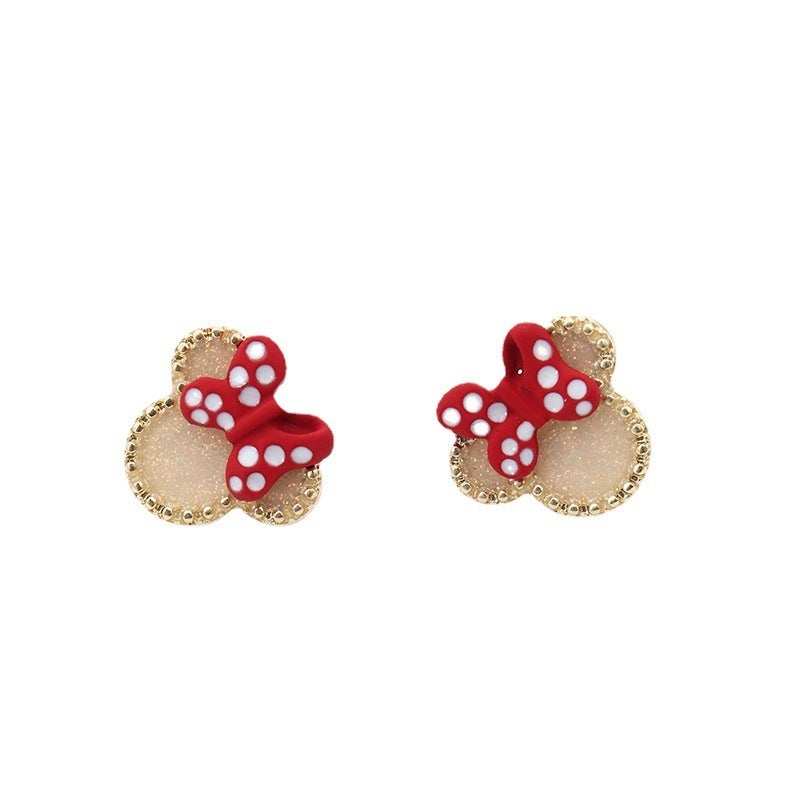 Creative Red Polka Dot Bow Cute Mickey Mouse Sweet Elegance Stud Earrings