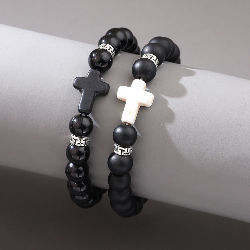 Frosted Obsidian Cross Hand-woven Distressed Retro Bracelets