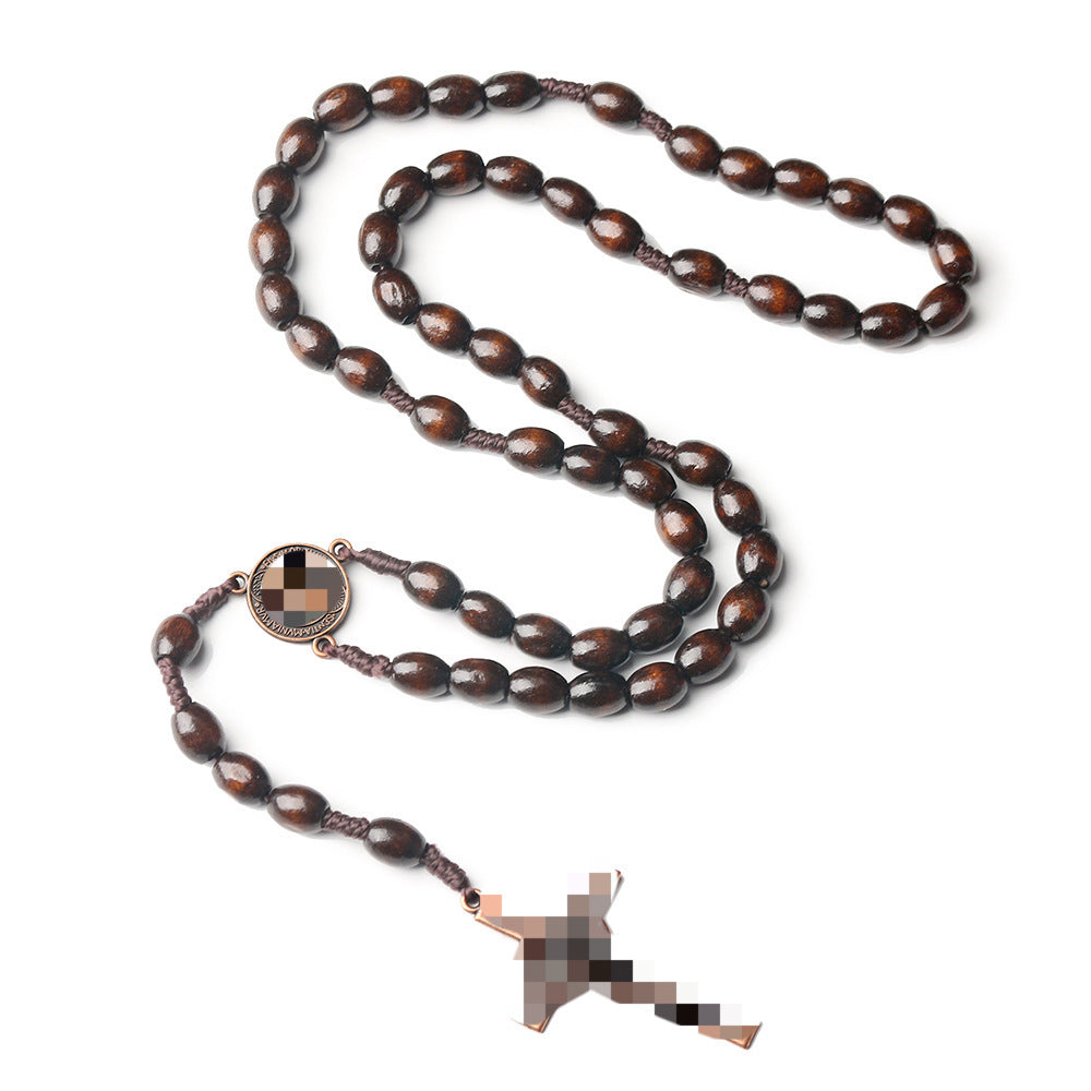 Cross Rosary Hand Knotted Wooden Bead Coffee Necklace