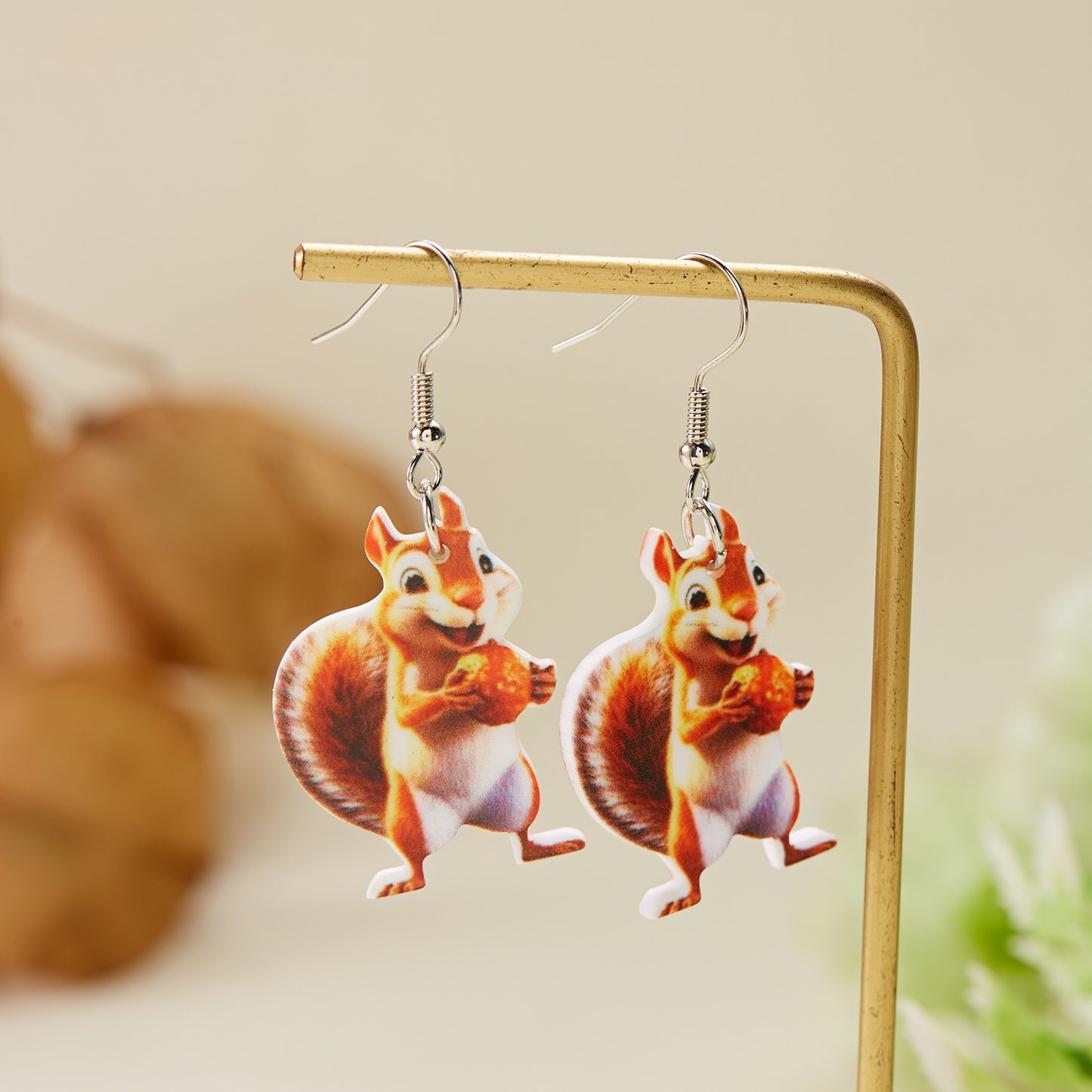 Acrylic Fashionable Autumn Squirrel Pine Cone Earrings