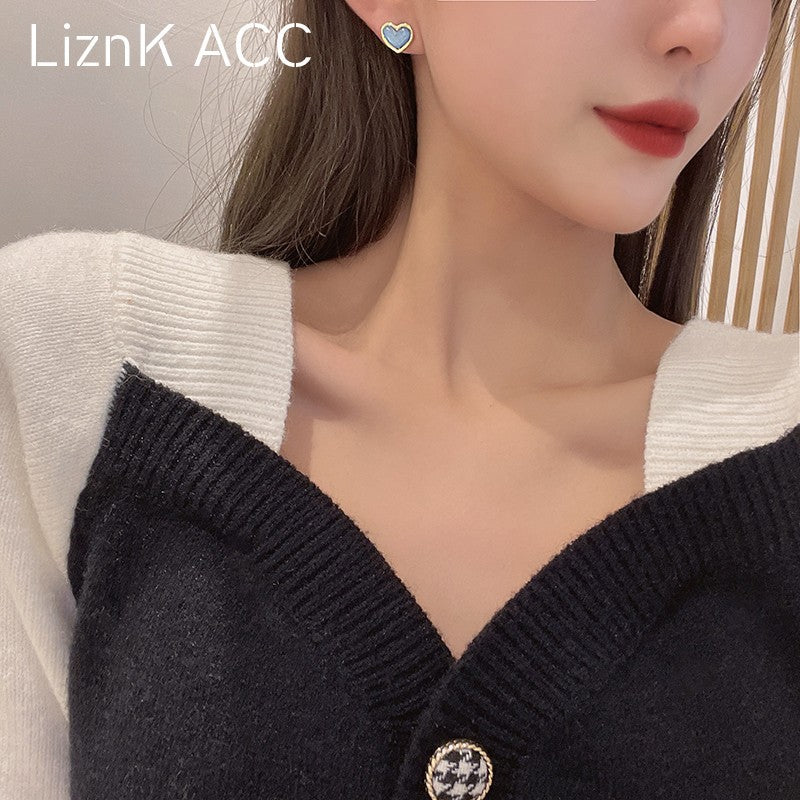 Women's Sier Needle Blue Loving Heart Small Simple Cold Style High Earrings