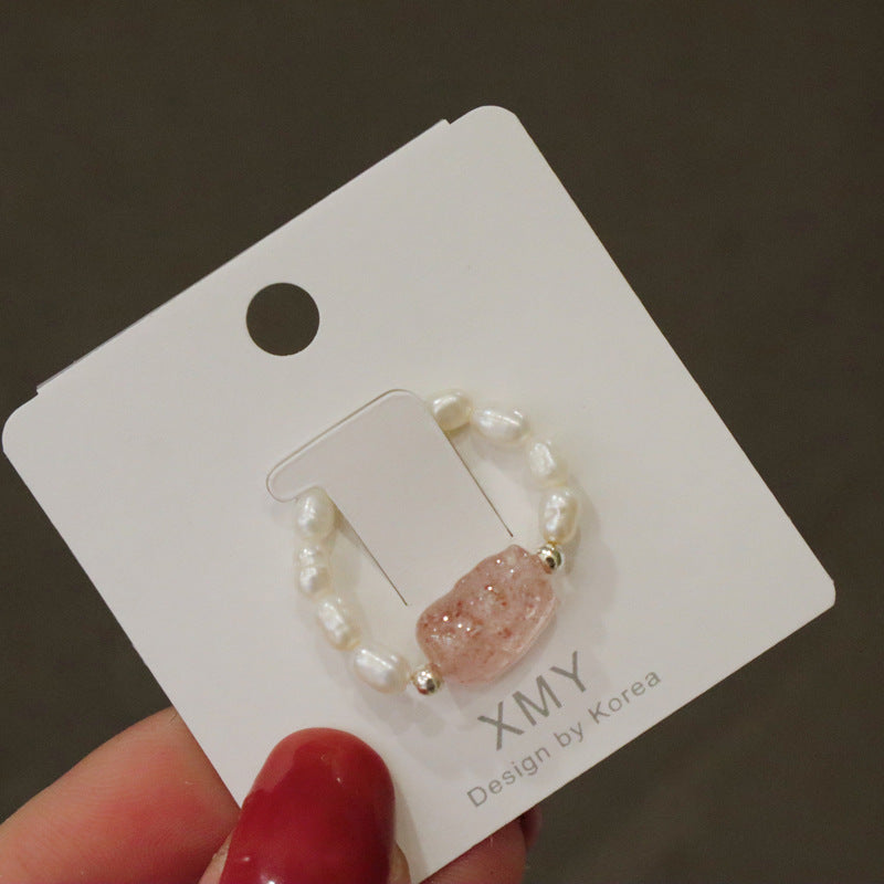 Women's Crystal Pearl Tourmaline Strawberry Elastic Simple Rings