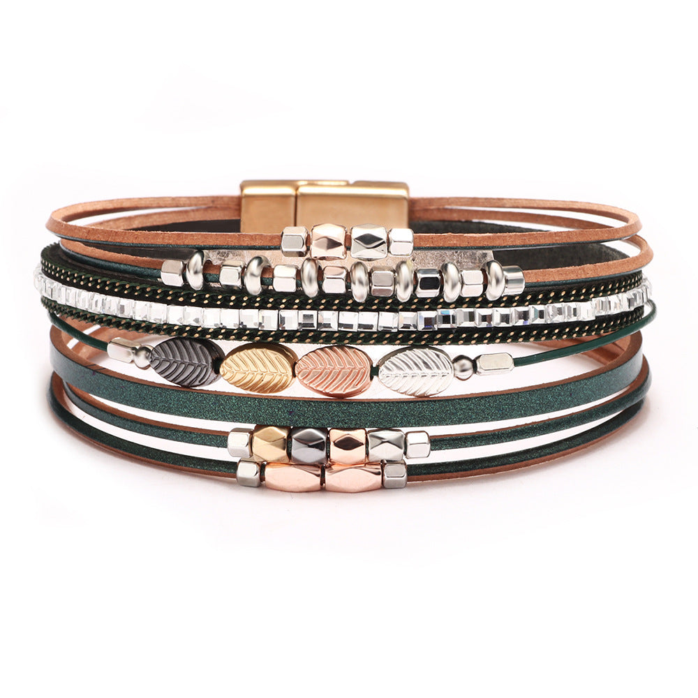 Women's Bohemian Wrist Leather Woven Leaf Shaped Ethnic Style Magnetic Snap Bracelets