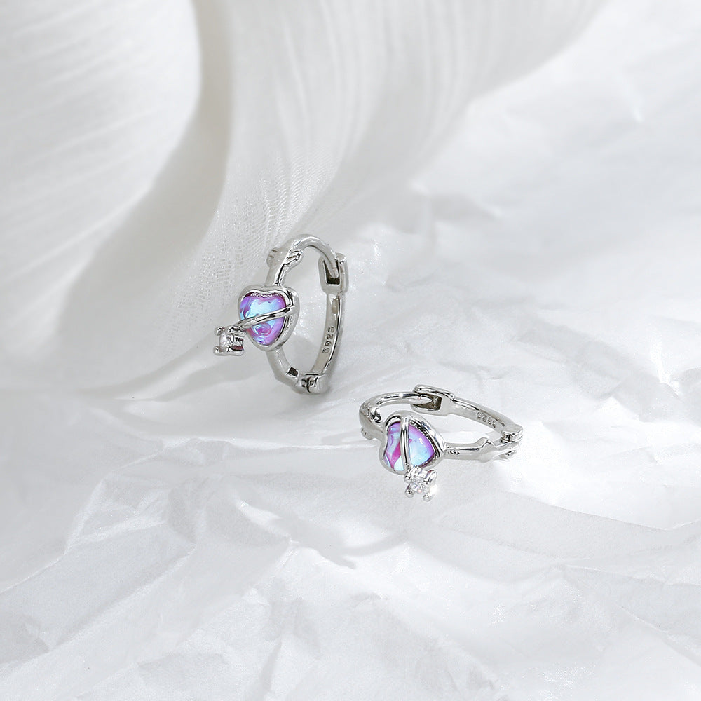Purple Moonstone Love Heart Clip Exquisite Ear Buckle