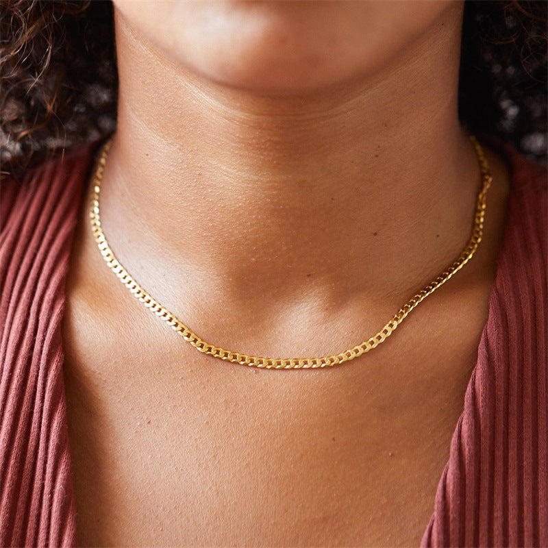 Women's & Men's Cuban Link Chain Stainless Steel Street Sweater Gold Necklaces