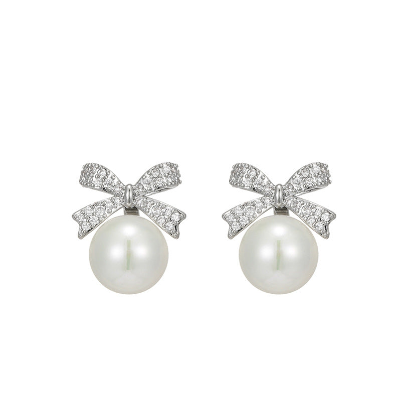 Women's Korean Style Sier Pin Simple Niche Personality Bow Elegant High-grade Stud Earrings