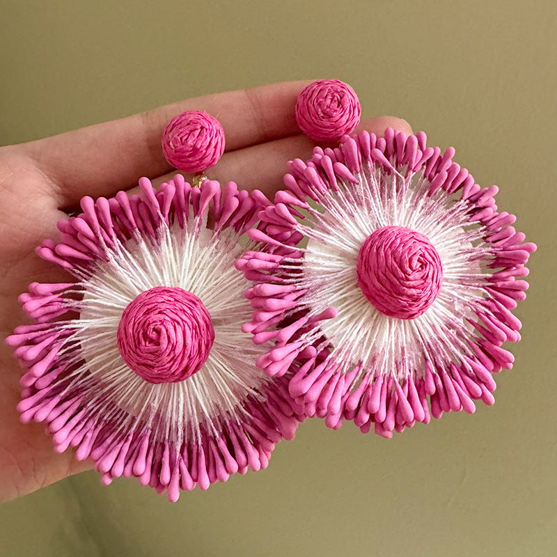 Exaggerated Handmade Raffia Sunflower Unique Travel Earrings