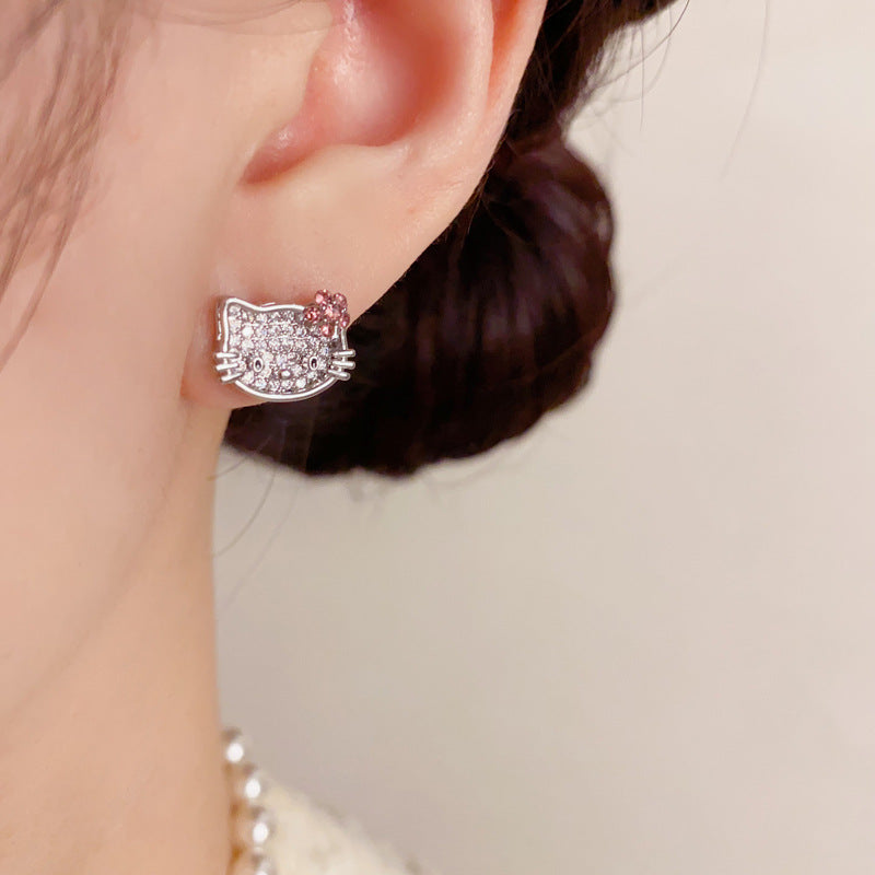Versatile Full Diamond Kitten Ear Temperament Entry Lux Small Simple Earrings