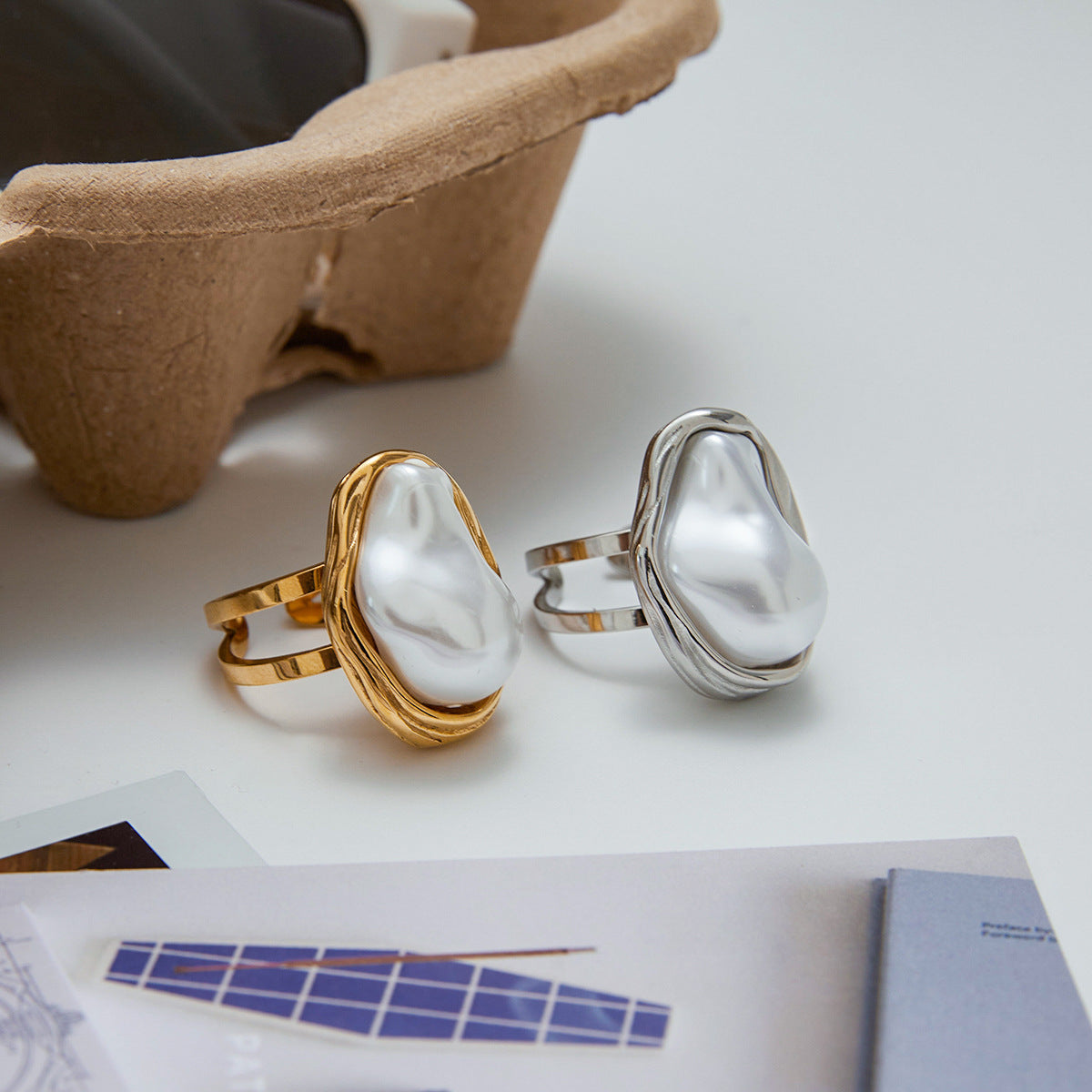 Gold Stainless Steel Baroque Open-end Pearl Female Ring