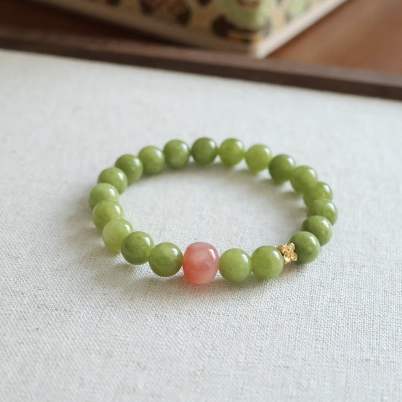 Green Olive Stone With White Crystal Pink Beaded Chinese Style Bracelet