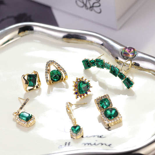 Women's Sier Needle Simple Personality Green Diamond Flower Love Heart Earrings