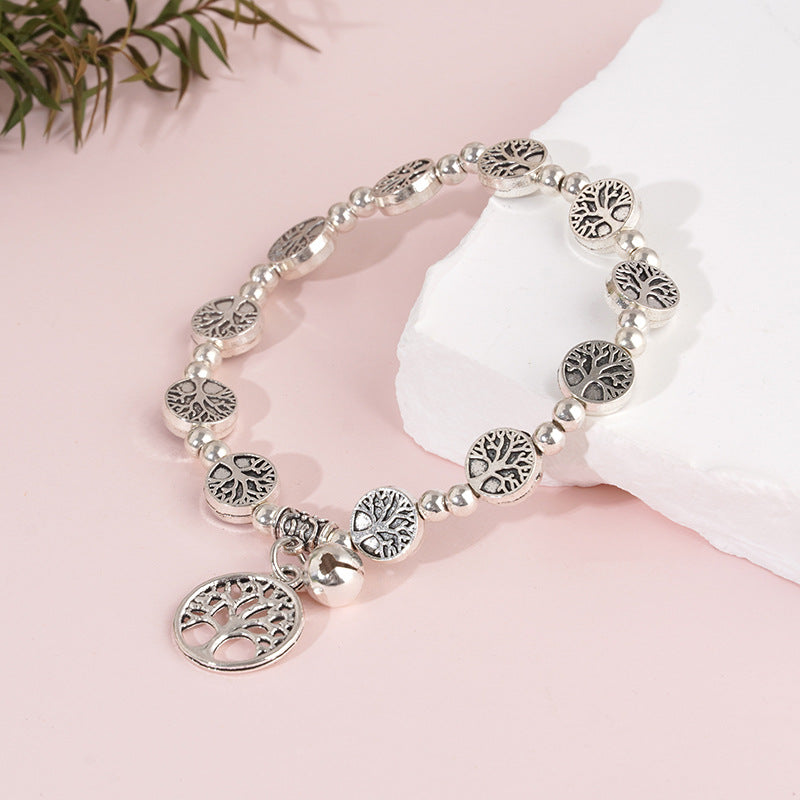 Women's Vintage Sier Beaded Lucky Tree Alloy Bell Mori Style Bracelet