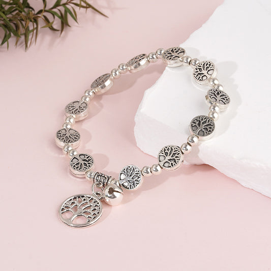 Women's Vintage Sier Beaded Lucky Tree Alloy Bell Mori Style Bracelet