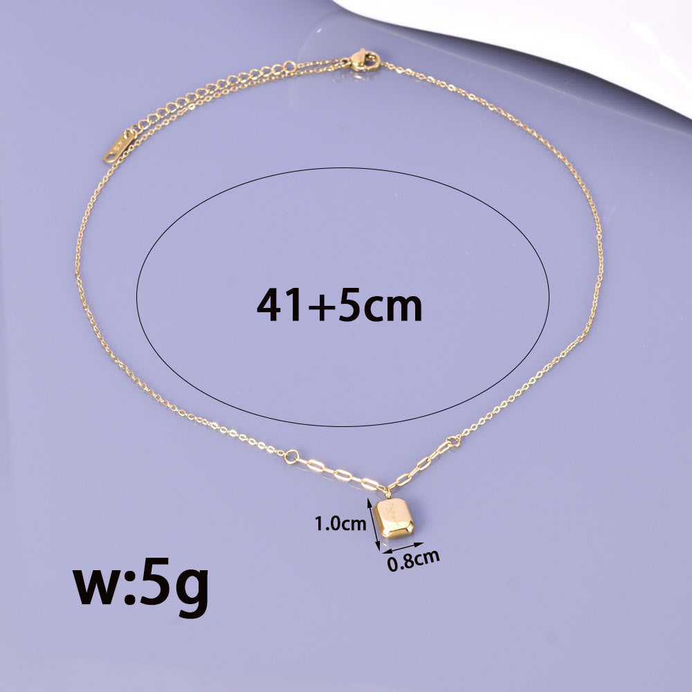 Beautiful Lavender Square Double-sided English Letter Stainless Steel Female Compact Necklace