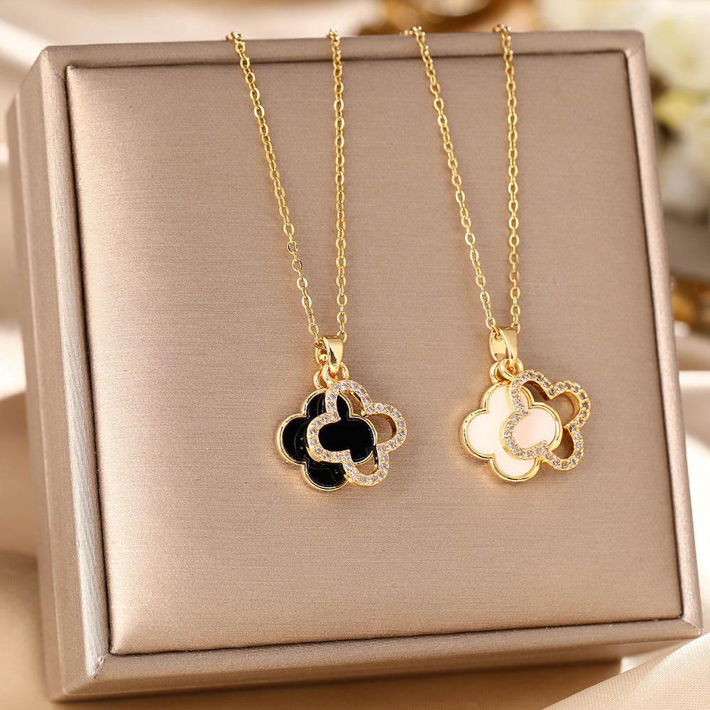 Women's Hollow Black White Four-leaf Flower Clavicle Chain Necklace