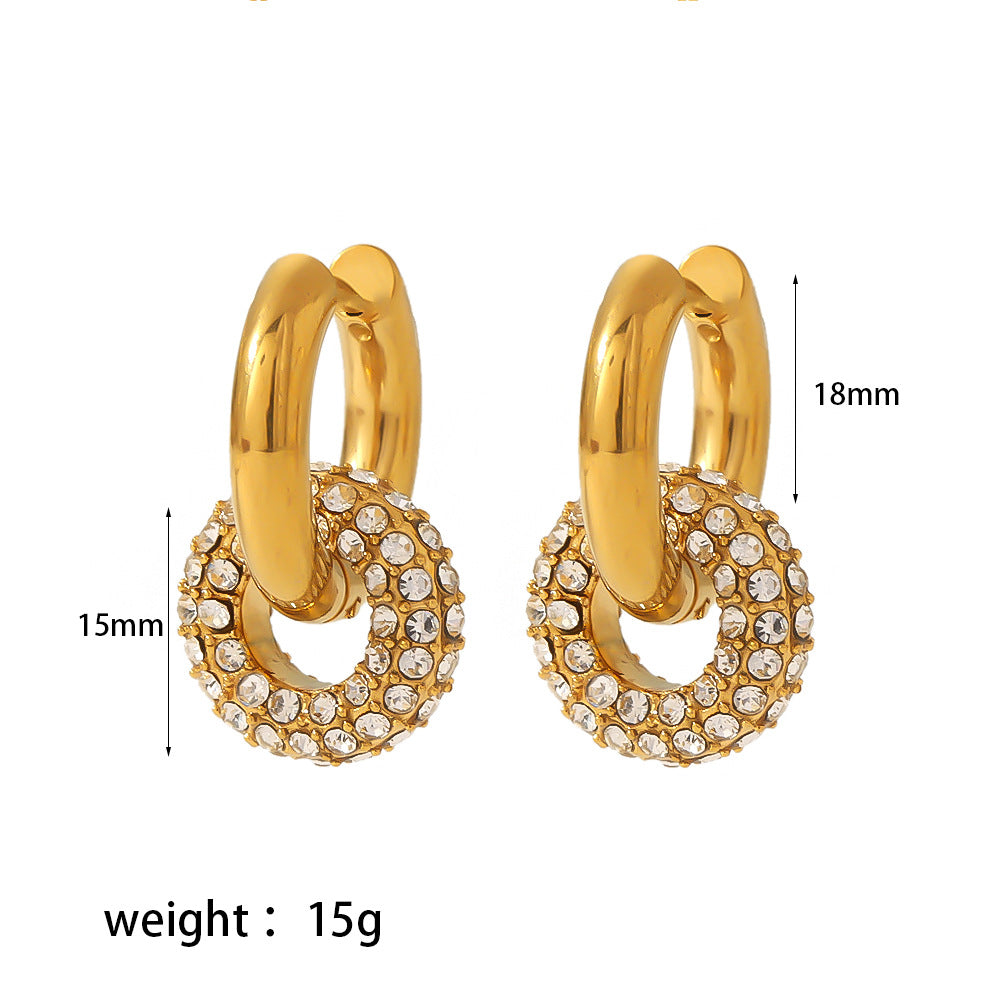 Stainless Steel Gold Colorful Diamond Round Earrings