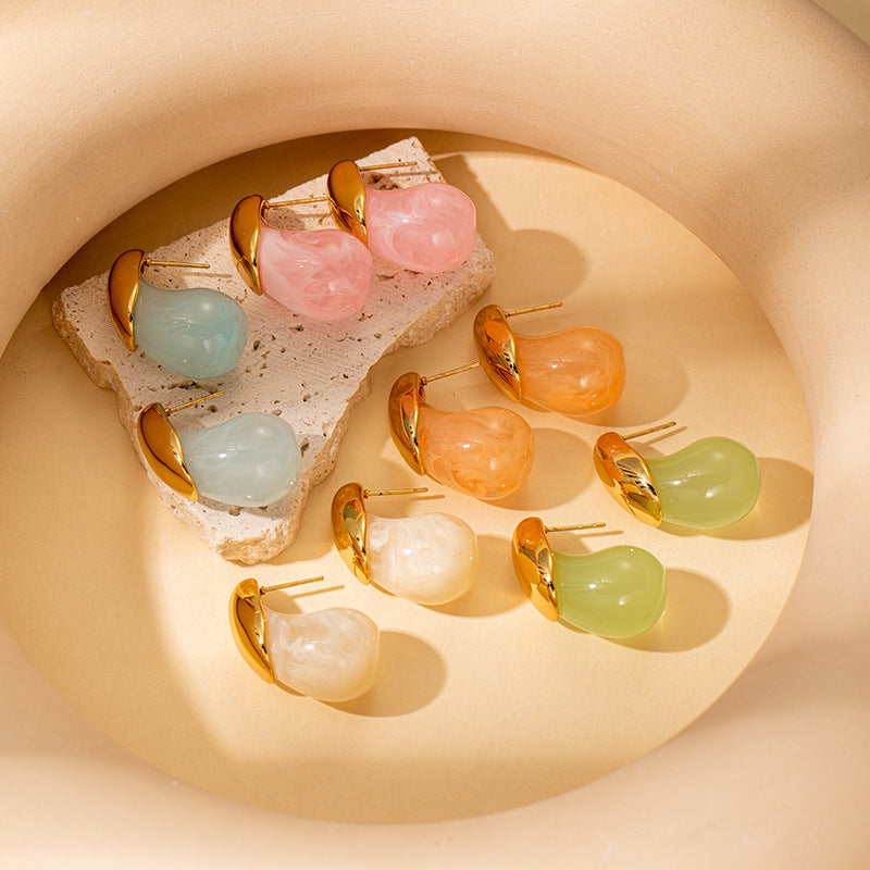 Korean Simple Fresh Minority Color Water Drop Resin Titanium Stud Earrings
