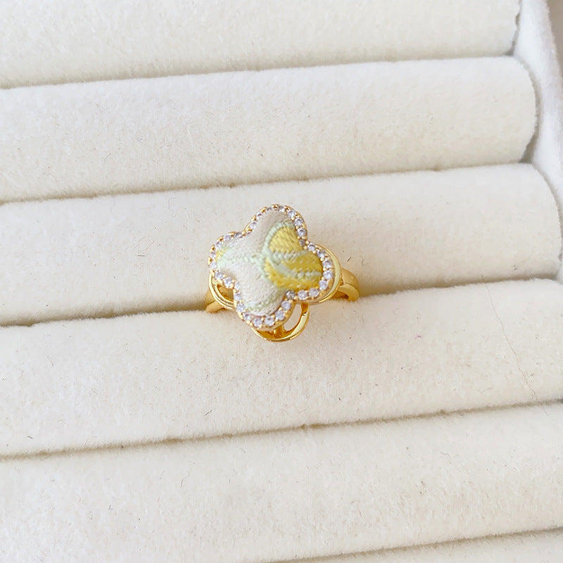 Style Song Dynasty Brocade Clover Rotatable Finished Delicate Rhinestone Copper Rings