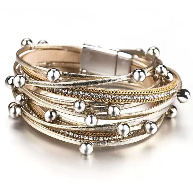 Women's Leather Fashion Diamond Leopard Print Magnetic Bracelets
