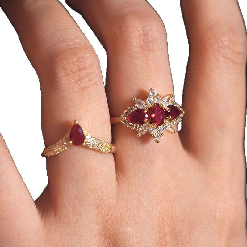 Women's Wine Red Court Open French Entry Lux Niche High Sense Rings