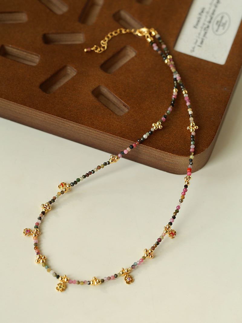 Women's Flower Colorful Natural Stone Tigereye Beaded Necklace