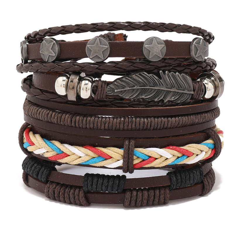 Simple Weave Vintage Leather Accessories Set Bracelets