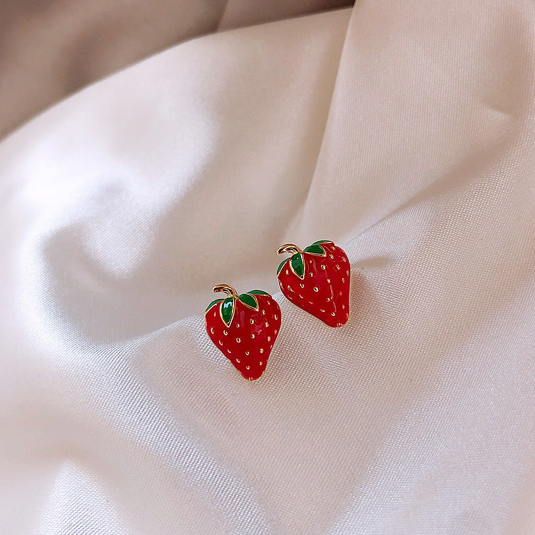 Fresh Crystal Translucent Bow Sier Plated Small Strawberry Mori Earrings