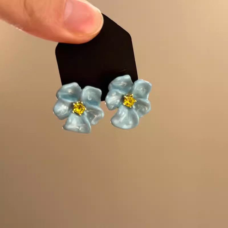 Vacation Dripping Oil Blue Flower Female Niche Vintage Earrings