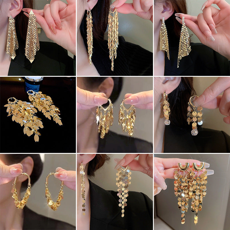 Women's Needle Leaf Sequined Tassel Exaggerated Personalized Earrings