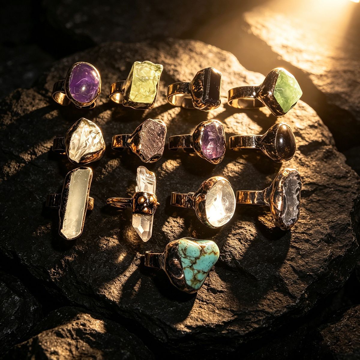 Gemstone Purple Yellow White Crystal Fluorite Amorphous Opening Adjustable Rings