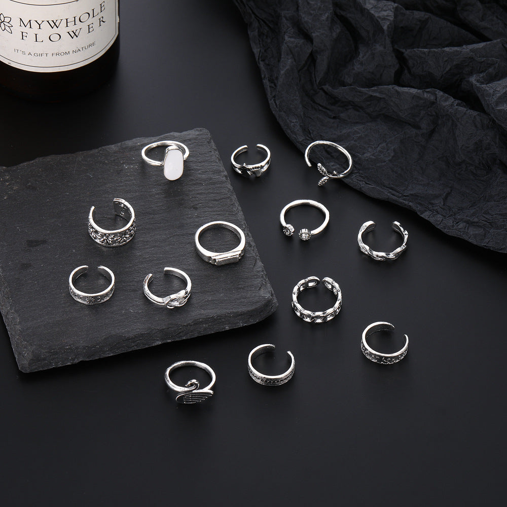 Fishtail Swan Floral Chain Love Moon Pattern Ring