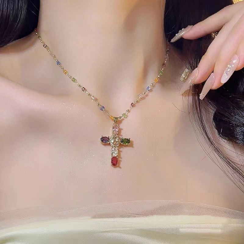 Color Cross Contrast Crystal Female Niche Design Necklace