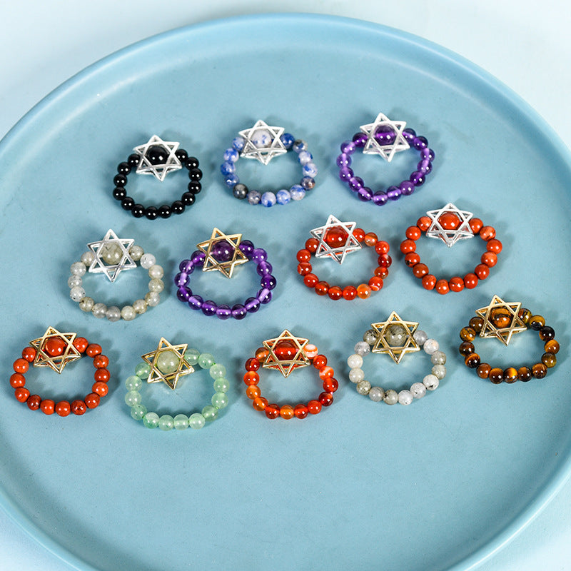 Natural Crystal Stone Round Beads Six-pointed Star Jade Handmade Rings