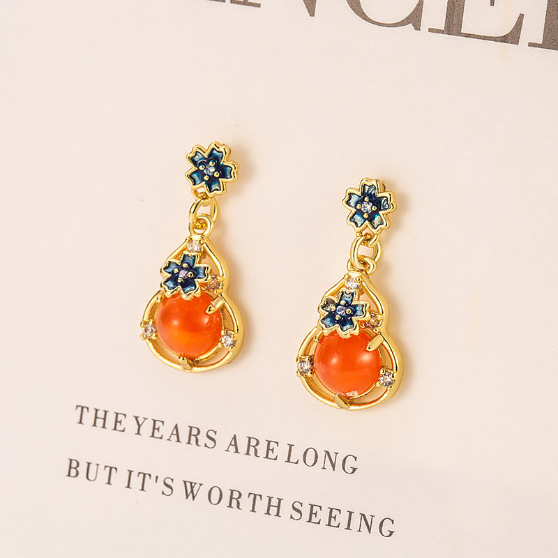 Chinese Style National Imitation Red Agate Gourd Female High Sense Stud Earrings