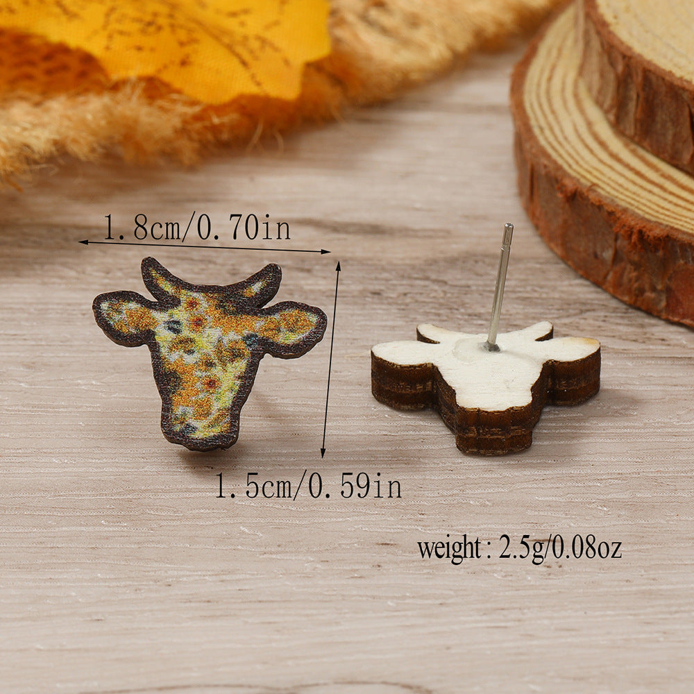 Head Wooden Simple Fashion Personality Cows Pattern Hat Leopard Earrings