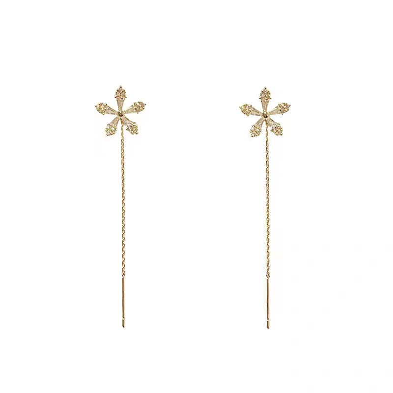 Women's Unique Crystal Flowers Long Fringe High-grade Temperament Ear Chain Red Stud Earrings