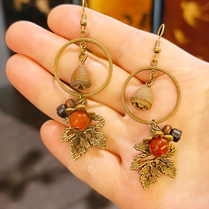 Palace Niche Exotic Plant Dried Fruit Maple Leaf Dangling Earrings