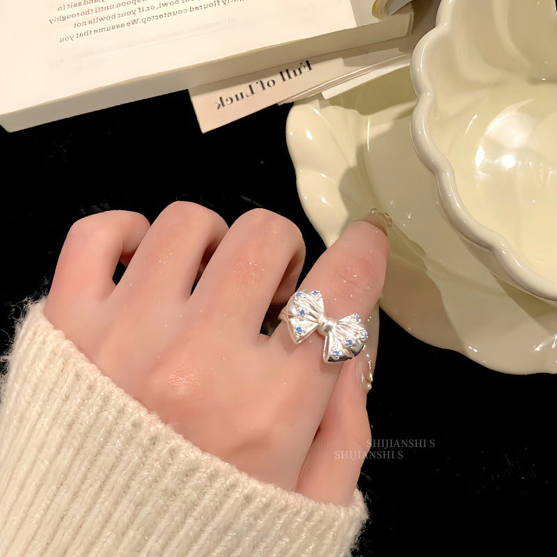 Women's Broken Small Fresh Pleated Frosted Bow Full Cluster Spot Drill Ring