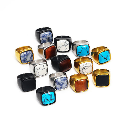 Men's Personality Retro Natural Gemstone Titanium Steel Ring