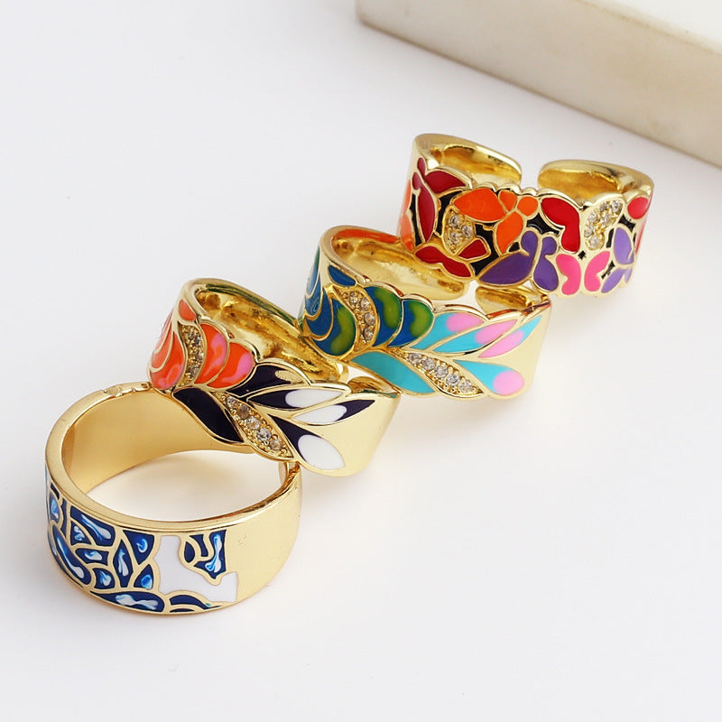 Women's Face Blue Leaf Slate Pattern Opening Adjustable Rings