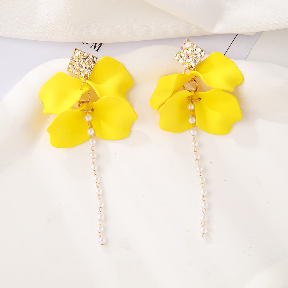 Style Red Blue Colorful Petals Pearl Long Trend Earrings