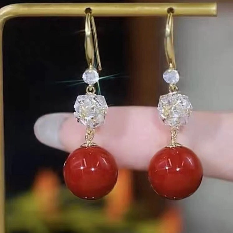 Women's Personalized Red Bean Inlaid Zircon Elegant Pearl Jequirity Earrings
