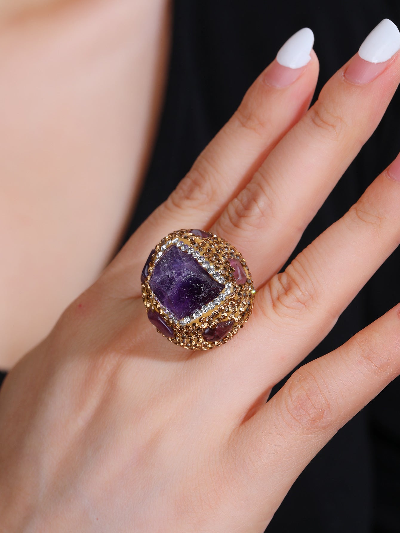 Fashion Punk Natural Amethyst Citrine Rough Stone Irregular Opening Ring