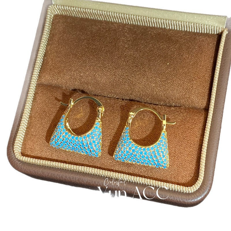 Women's French Retro Turquoise Full Diamond Bag Ear Clip Light Luxury Earrings