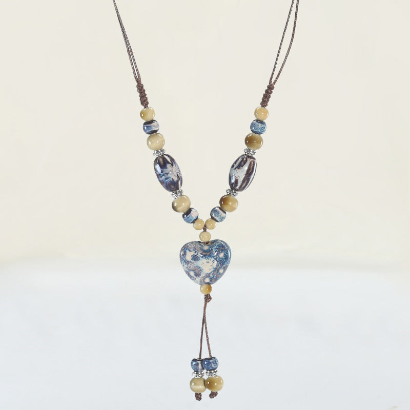 Women's Ethnic Style Love Sweater Chain Long Hand-woven Adjustable Peach Heart Necklace