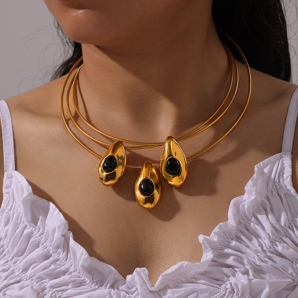 Women's Fashion Popular Titanium Steel Gold Plated Leather Rope Water Drop Necklaces